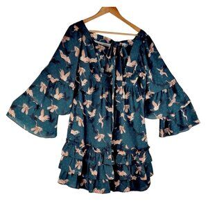 Dress Crane Print Dark Teal Mini S by Happy Nature Full Tiered Sleeves Boho